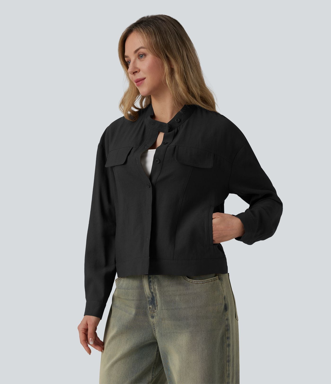 Veste cargo casual col montant manches longues avec poches