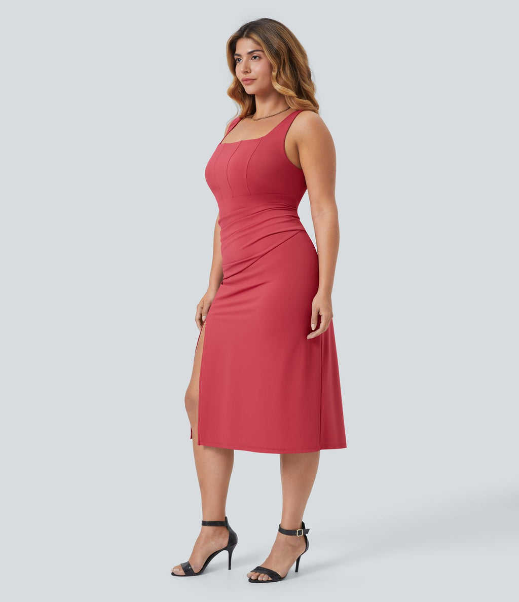 Softlyzero™ Robe Casual Midi Grande Taille Corset Moulante Encolure Carrée Dos Nu Ruchée