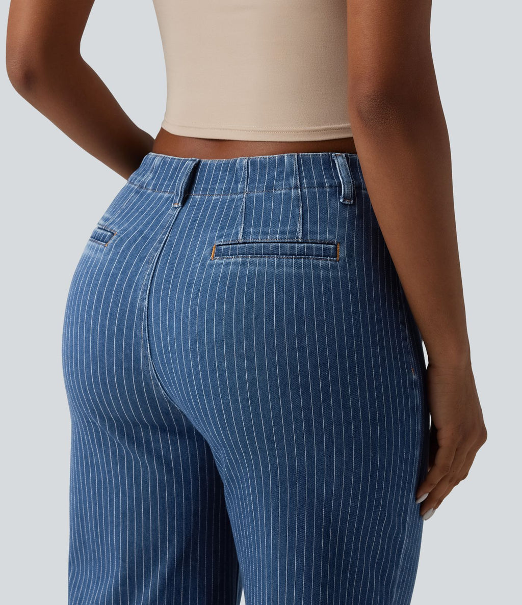 Jean droit court décontracté Halara Flex™ rayé taille haute avec poches