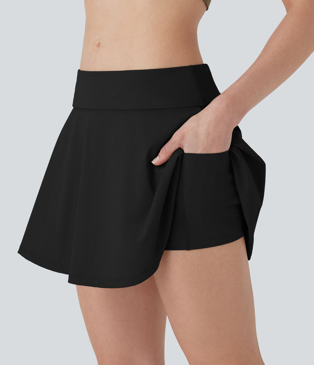 Jupe patineuse micro-mini de yoga 2-en-1 taille ultra basse à rabat avec poches
