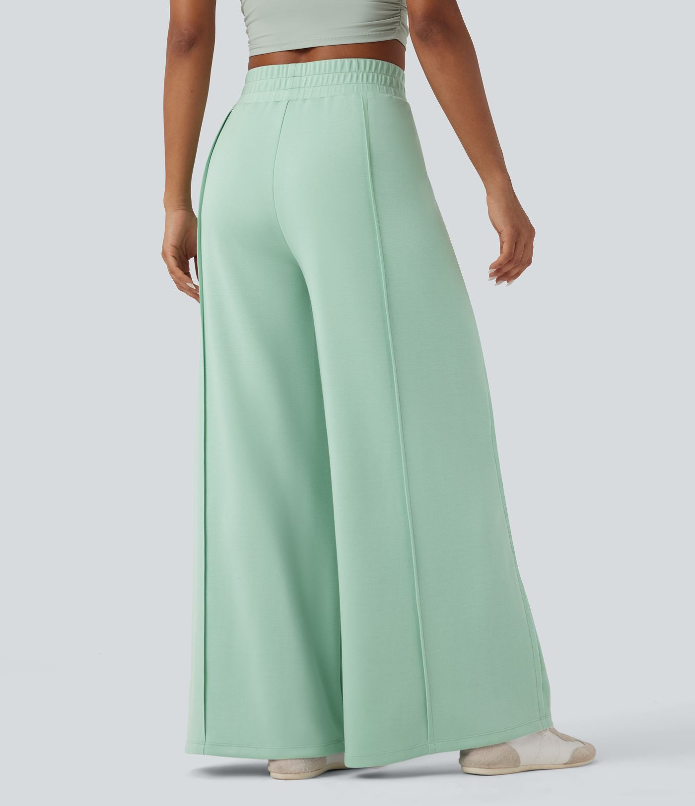 Pantalon décontracté micro gaufré jambe large taille haute avec poches