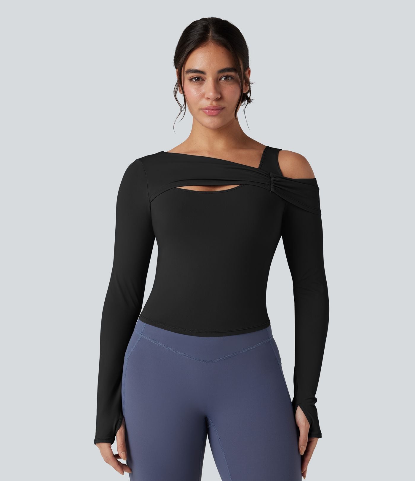 Top de sport yoga épaule asymétrique manches longues avec trous pouces
