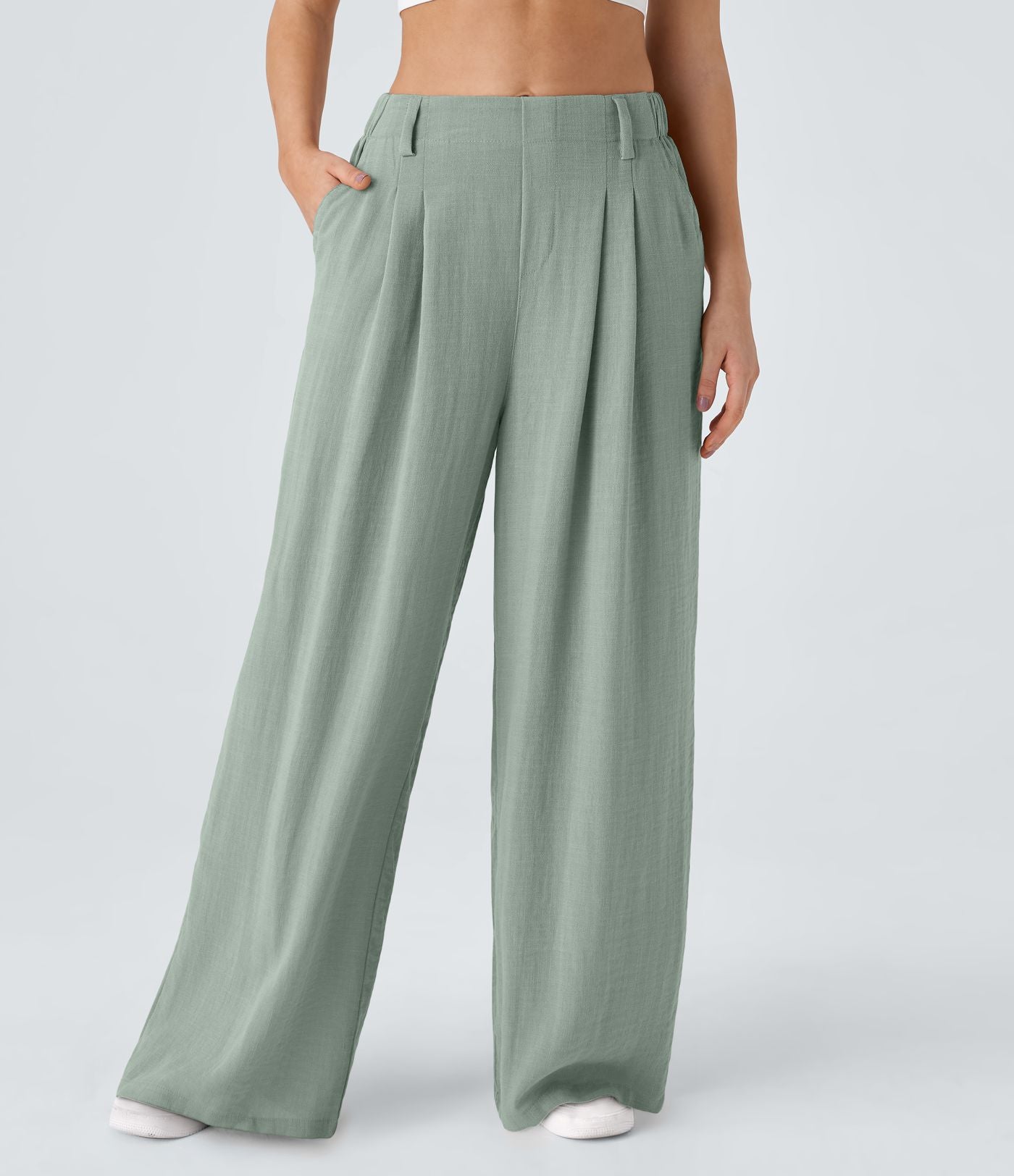 Pantalon Fluide Large Taille Haute Poches Latérales Palazzo Solide Casual Linen-Feel