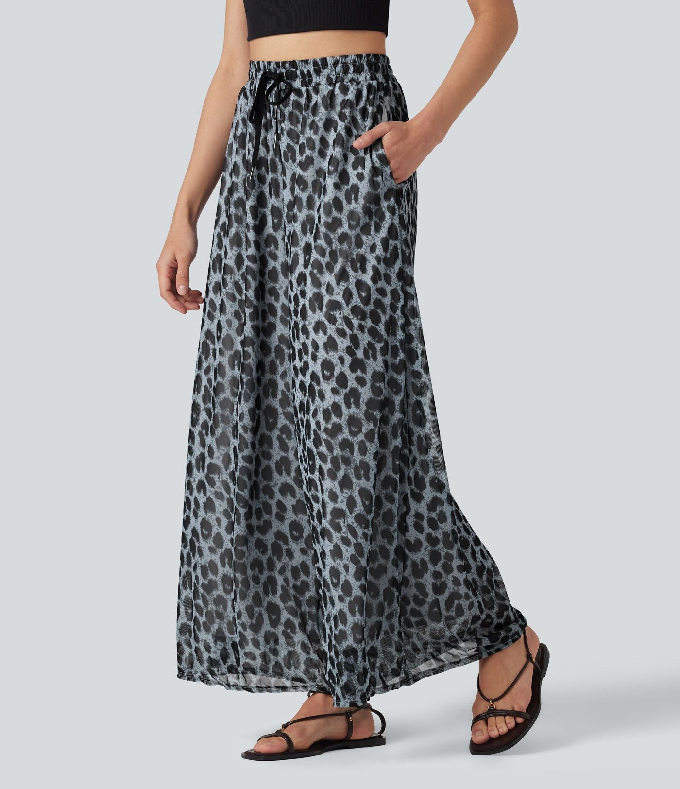 Pantalon léopard décontracté taille haute à cordon de serrage, coupe ample, en maille transparente avec poches