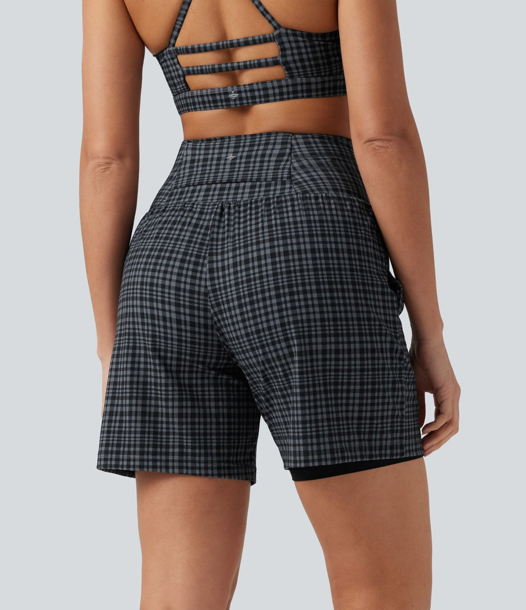 Short de yoga 2-en-1 ultra taille haute UltraSculpt™ à carreaux et cordon de serrage 17,5 cm avec poches