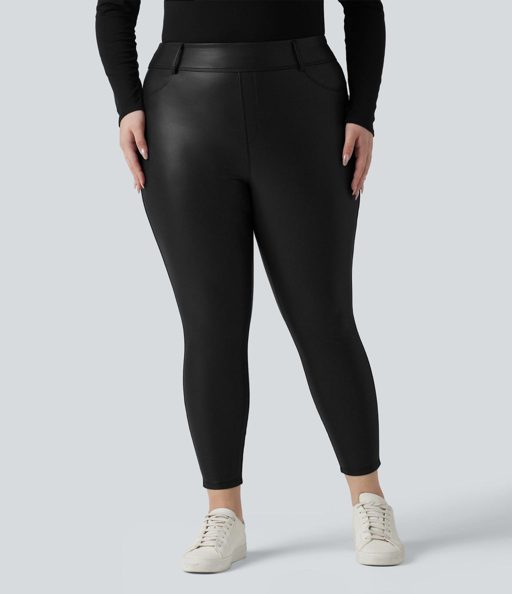 Legging grande taille en simili stretch doublé polaire, taille haute avec poches