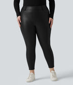 Legging grande taille en simili stretch doublé polaire, taille haute avec poches