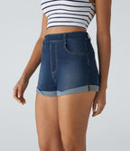Halara Flex™ Short en Denim Tricot Extensible Lavé à Taille Haute avec Poches Multiples et Ourlet Replié