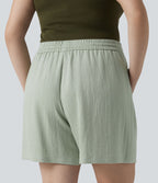 Short casual aspect lin grande taille taille haute avec cordon de serrage et poches