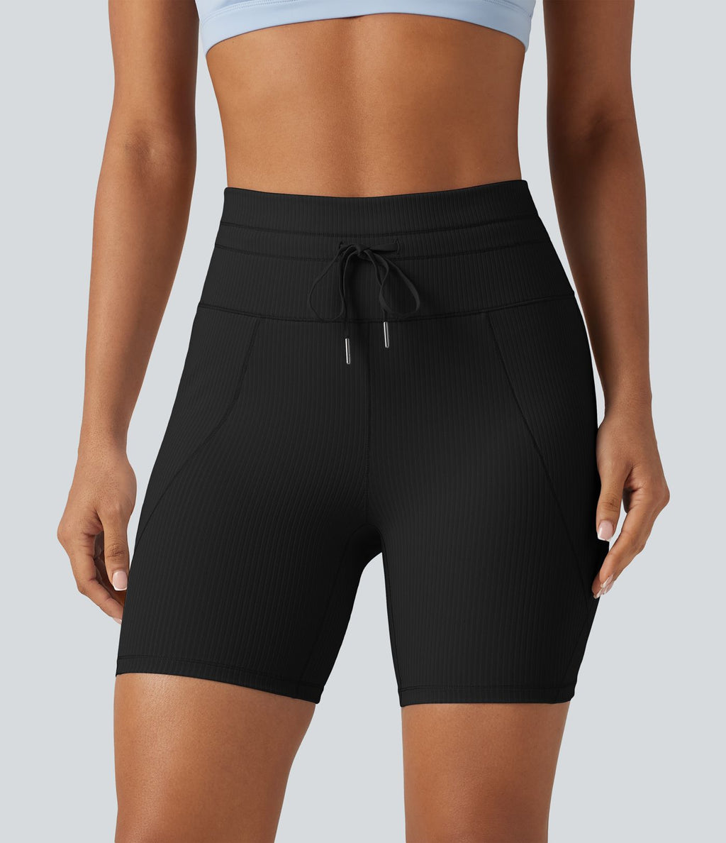Short cycliste de yoga en maille côtelée taille haute avec cordon de serrage séchage rapide 15 cm avec poches - UPF50+