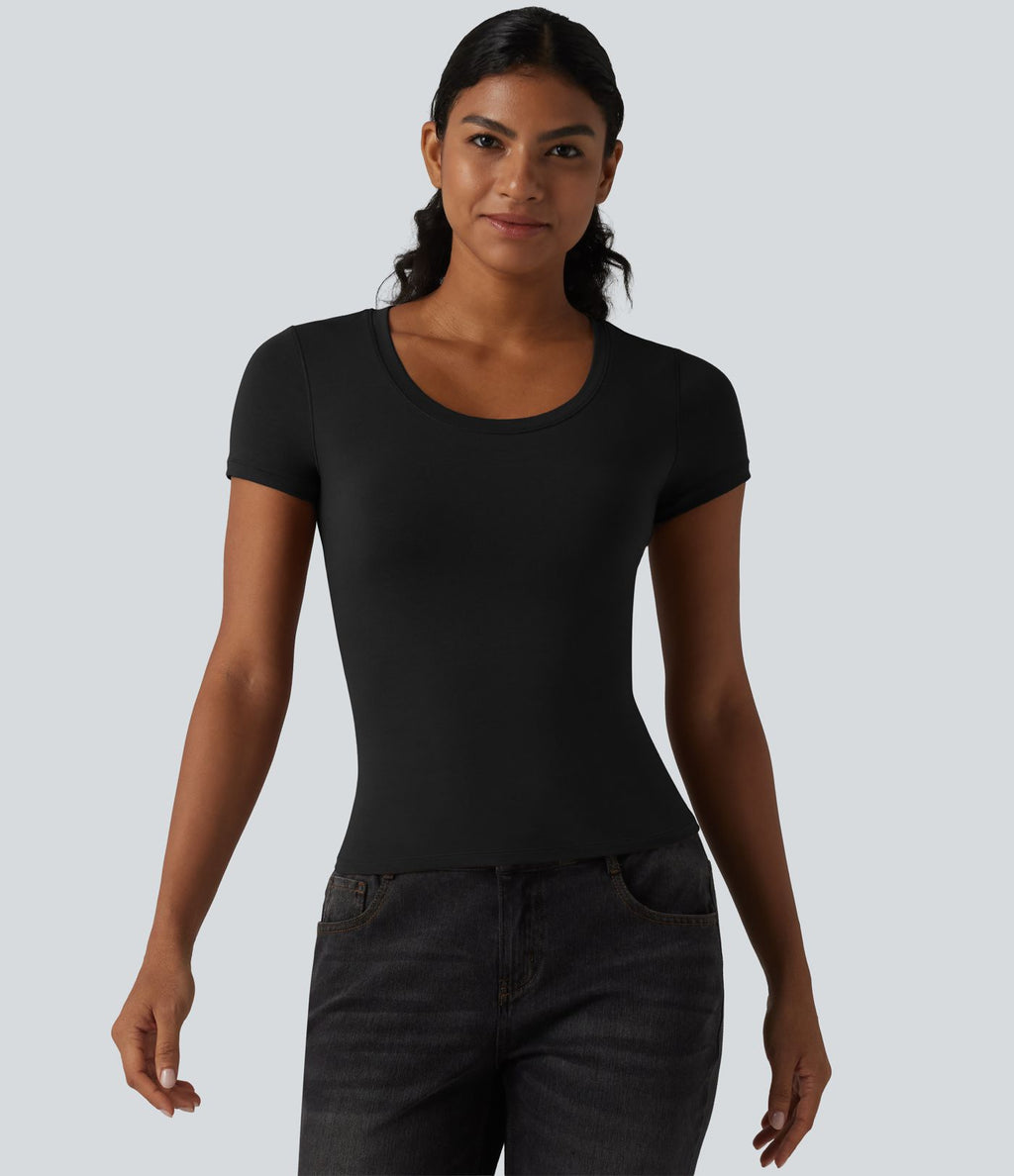 Halara T-shirt en jersey de coton col rond échancré manches courtes avec soutien-gorge intégré bonnets B-DD