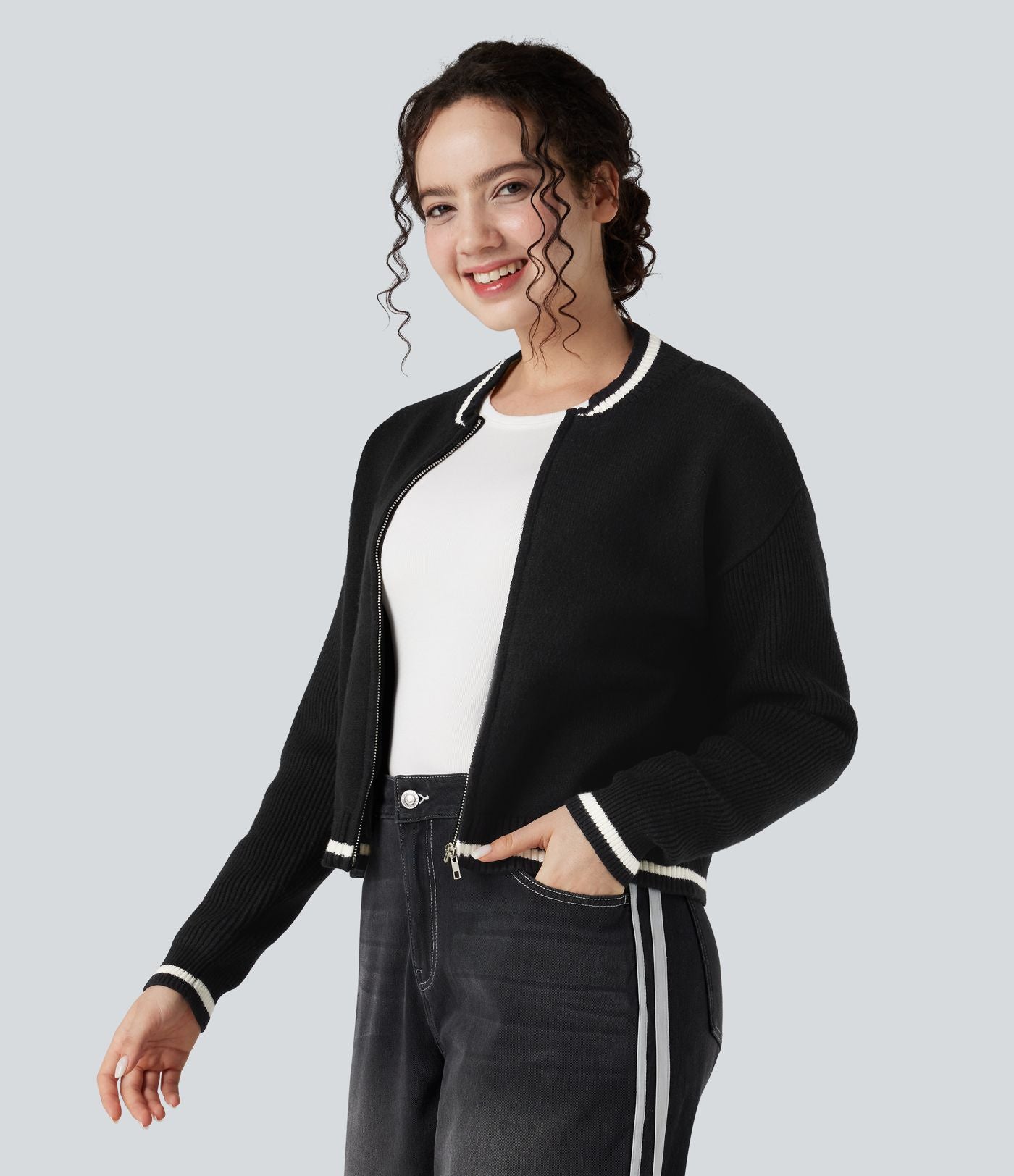 Cardigan color block col rond manches longues