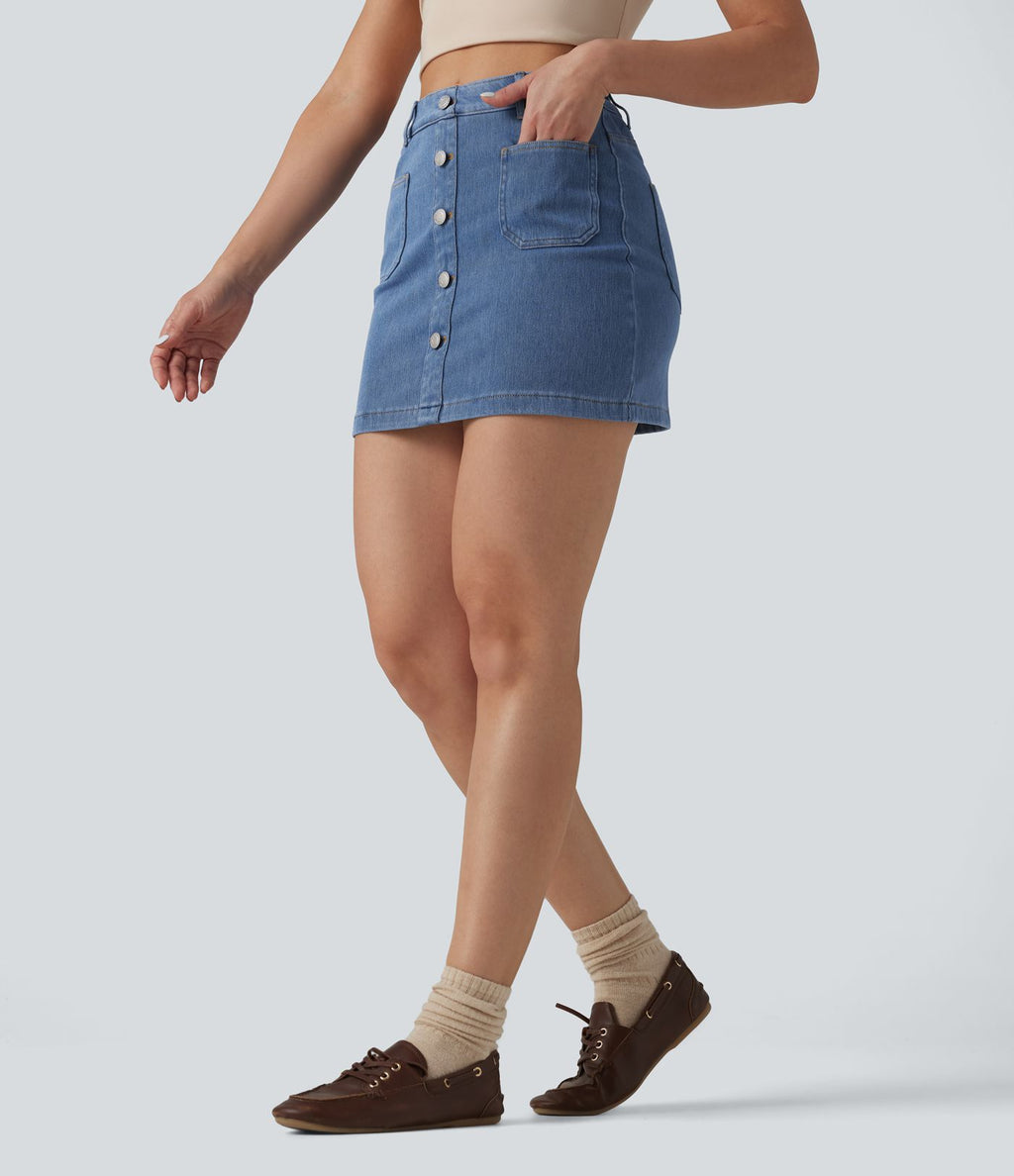 Jupe mini moulante décontractée Halara Flex™ en denim taille haute boutons décoratifs avec poches