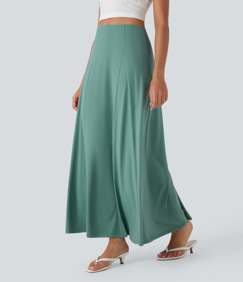 Jupe longue fluide évasée taille haute avec fermeture éclair latérale