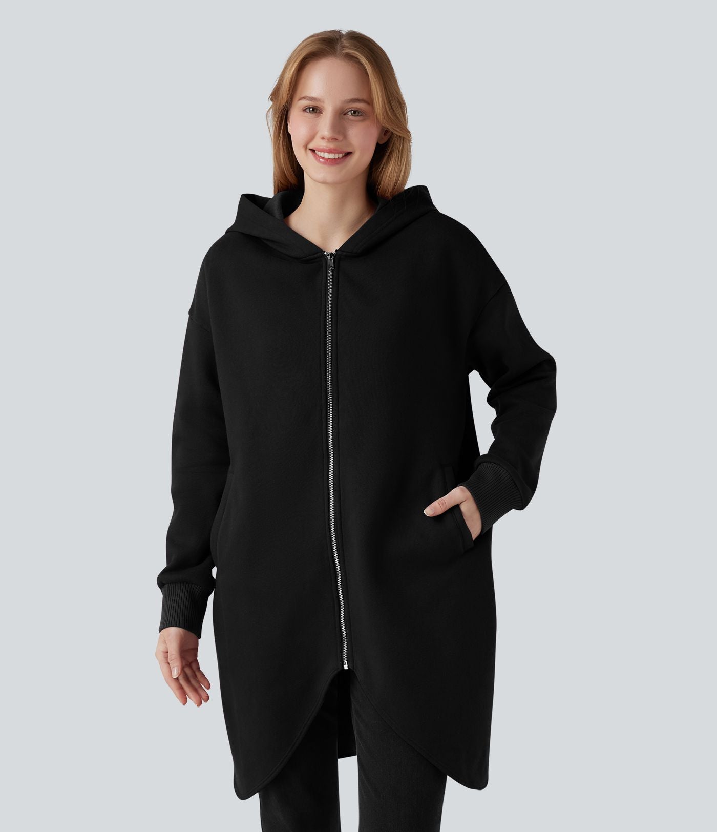 Sweat-shirt long en coton à capuche zippé à manches longues avec ourlet arrondi et poches