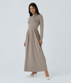 Robe longue décontractée à col montant, manches longues, plissée, avec poches latérales et coupe évasée