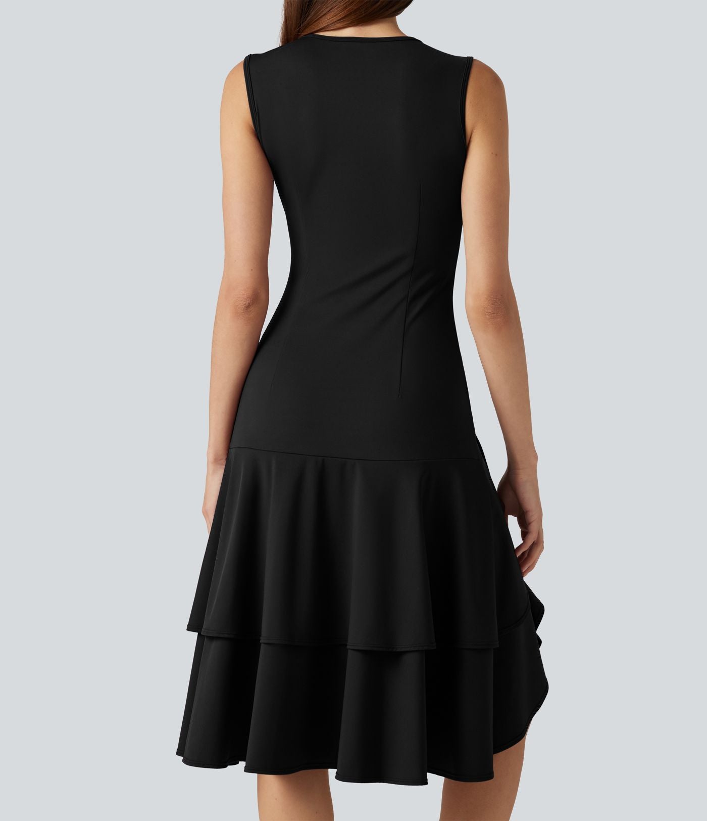 Robe midi décontractée SoftlyZero™ Airy col rond, sans manches, ourlet à volants étagés, à effet frais InstantCool
