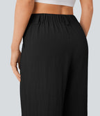 Pantalon décontracté palazzo capri uni effet lin, taille haute, large, avec poches