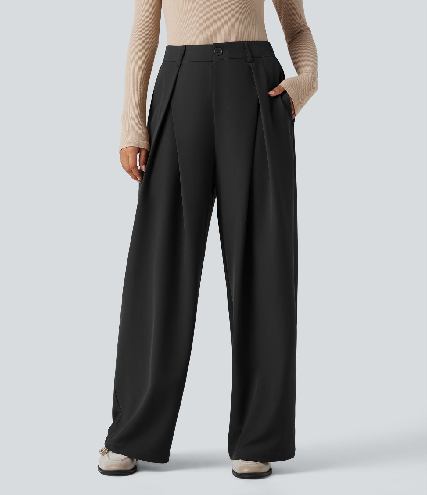 Pantalon tailleur large, taille haute, à poches