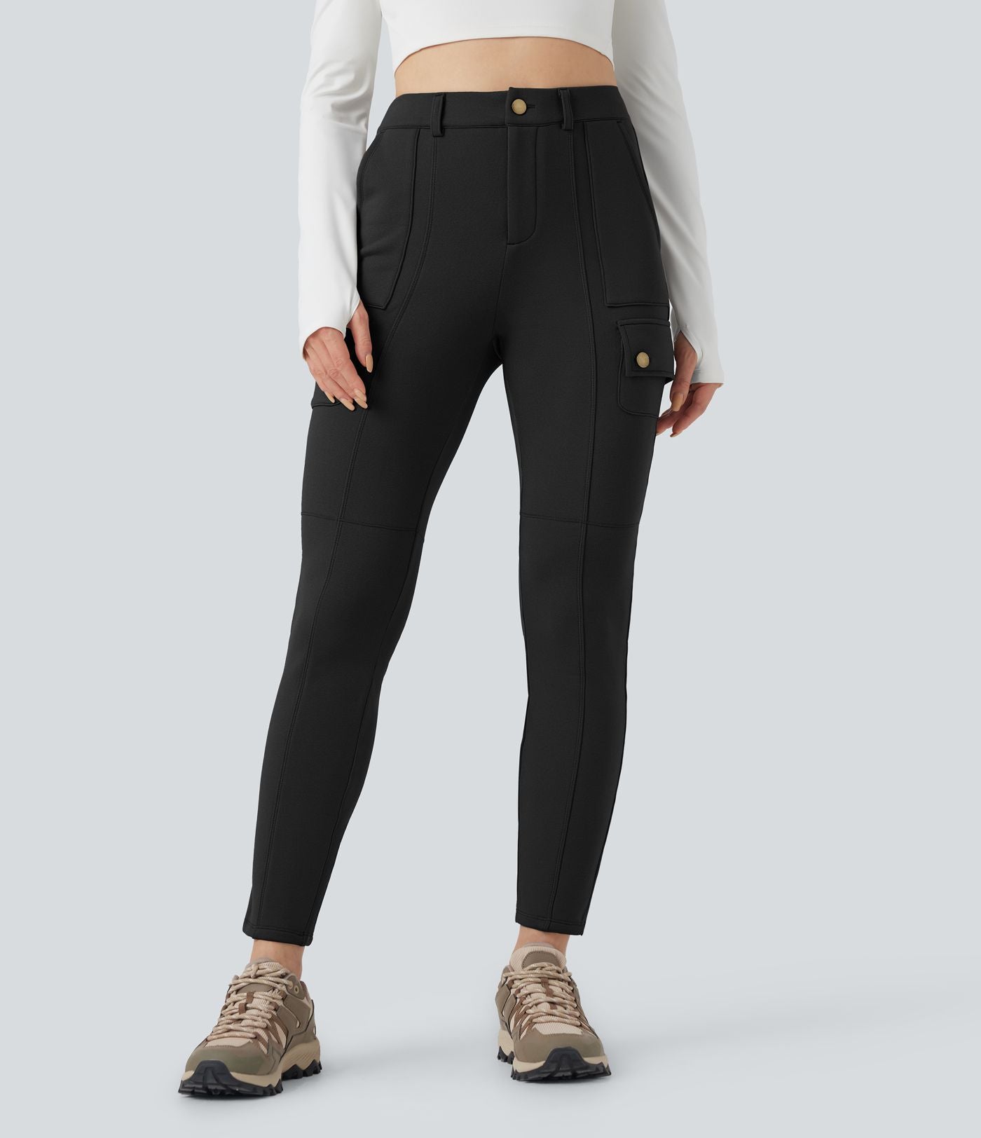 Pantalon cargo de randonnée ajusté polaire taille haute avec poches
