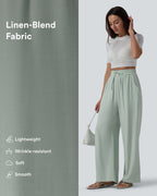 Pantalon casual large mélange lin taille haute avec cordon de serrage et poches