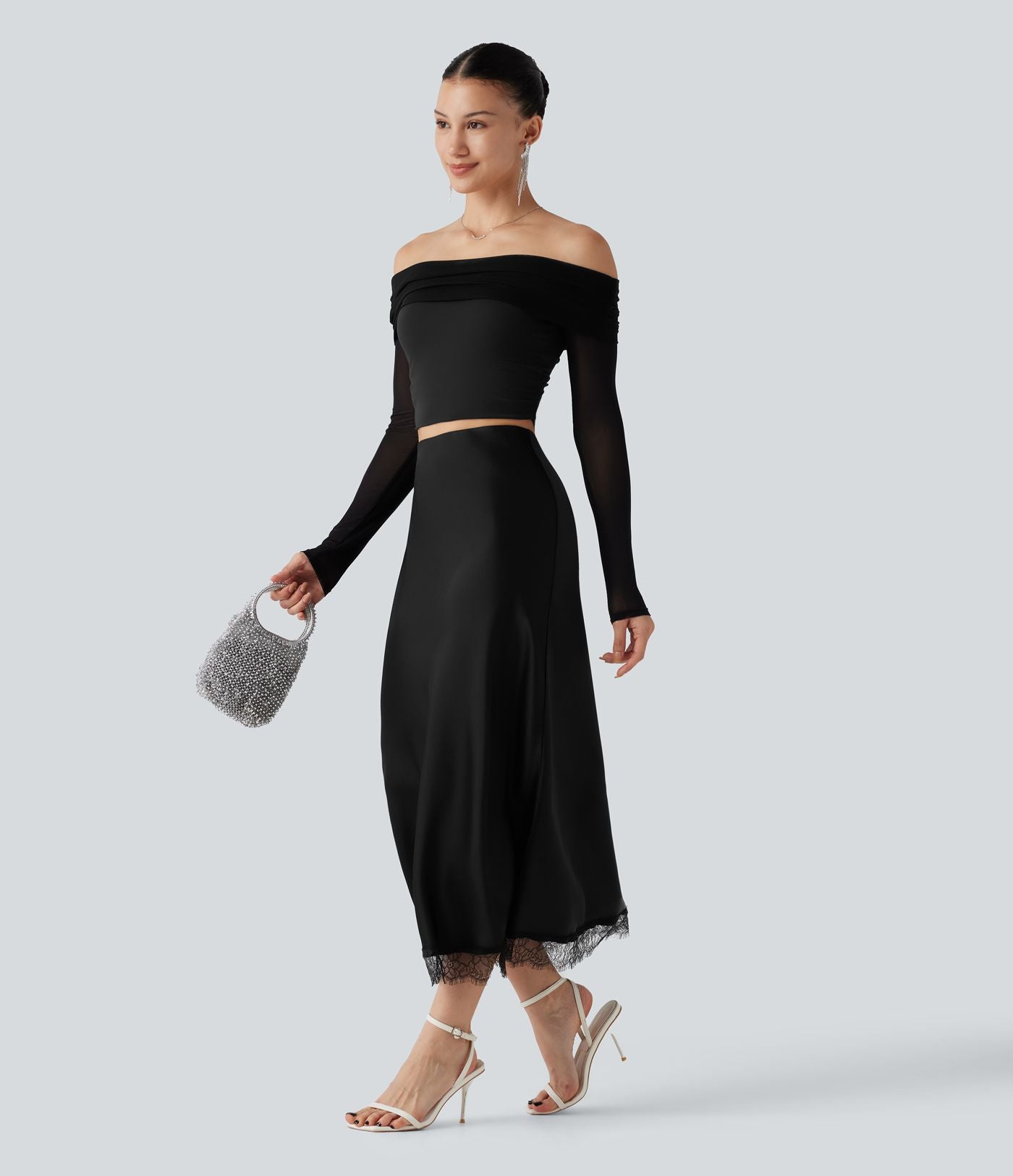Jupe midi trapèze décontractée en satin et dentelle contrastée, taille haute