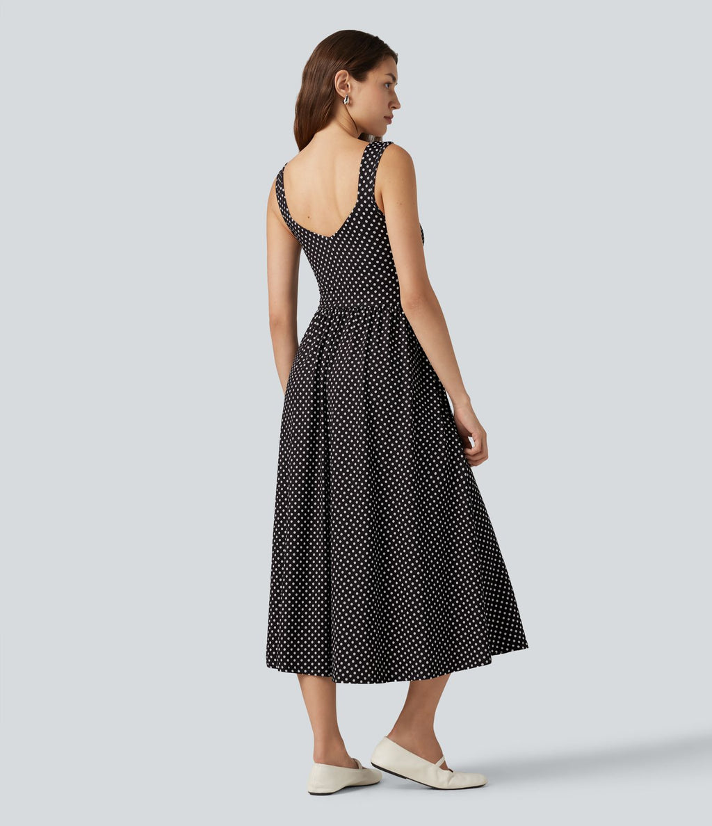 Robe fluide décontractée midi sans manches dos nu croisée à pois avec poches