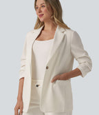 Blazer à manches 3/4 froncées, aspect lin, avec poches, idéal pour le bureau