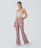 Pantalon Casual à Carreaux Évasé et Taille Haute avec Poches
