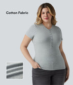 T-shirt Halara grande taille décontracté en jersey de coton, col Henley ultra-ajusté, manches courtes