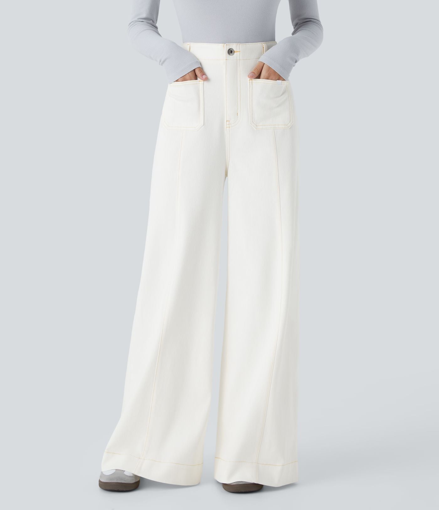 Halara Flex™ Jean large Palazzo et Taille Haute avec Poches Avant en Tricot Extensible Lavé