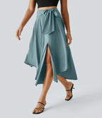 Breezeful™ Jupe Taille Haute Casual Midi Séchage Rapide Fluide Fentes Latérales Nouées 2 en 1