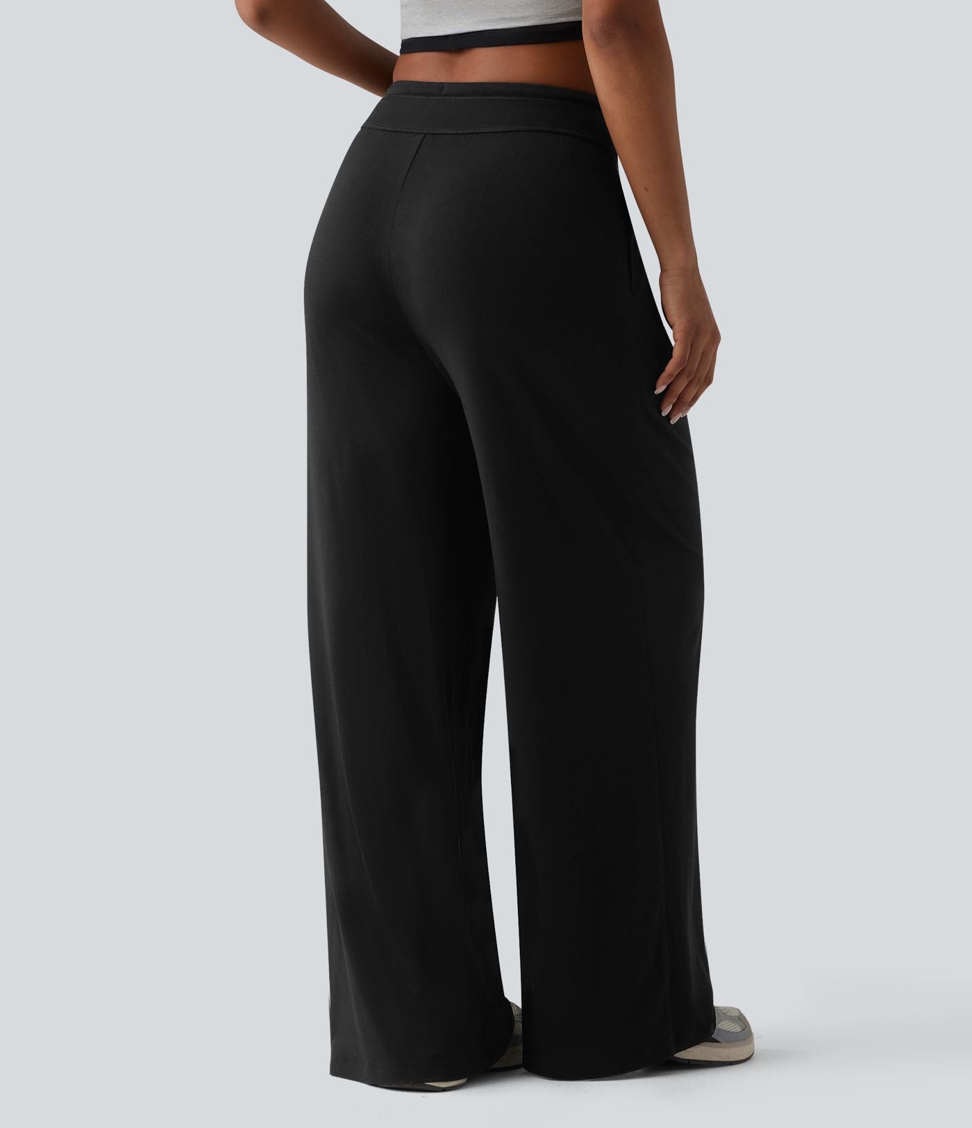 Pantalon casual ample chiné à plis taille haute avec cordon de serrage et poches
