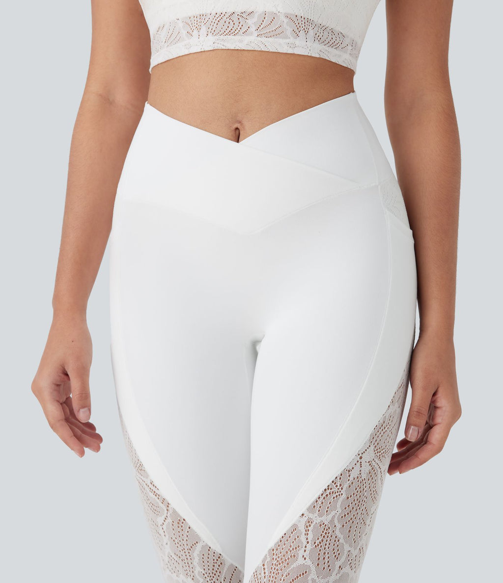 Legging de yoga 7/8 taille haute avec poches latérales, dos croisé et dentelle contrastante Softlyzero™-UPF50+