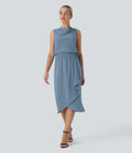 Robe midi de voyage défroissage facile, col bénitier, ourlet croisé et poches