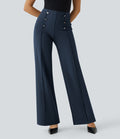 Pantalon Tailleur Large Taille Haute avec Bouton et Poches