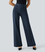 Pantalon Tailleur Large Taille Haute avec Bouton et Poches