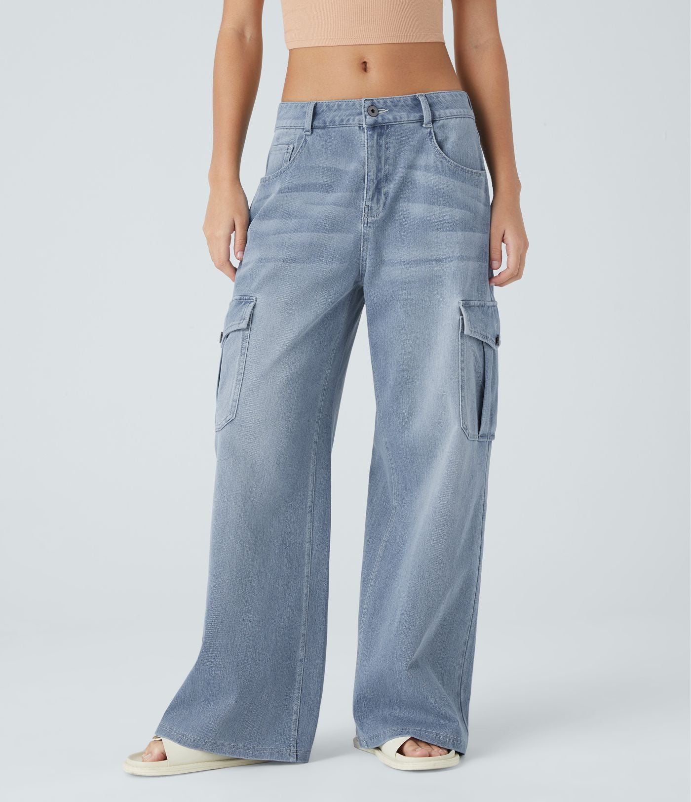 Jean cargo décontracté Halara Flex™ à taille basse, jambes larges, poches multiples et tissu extensible