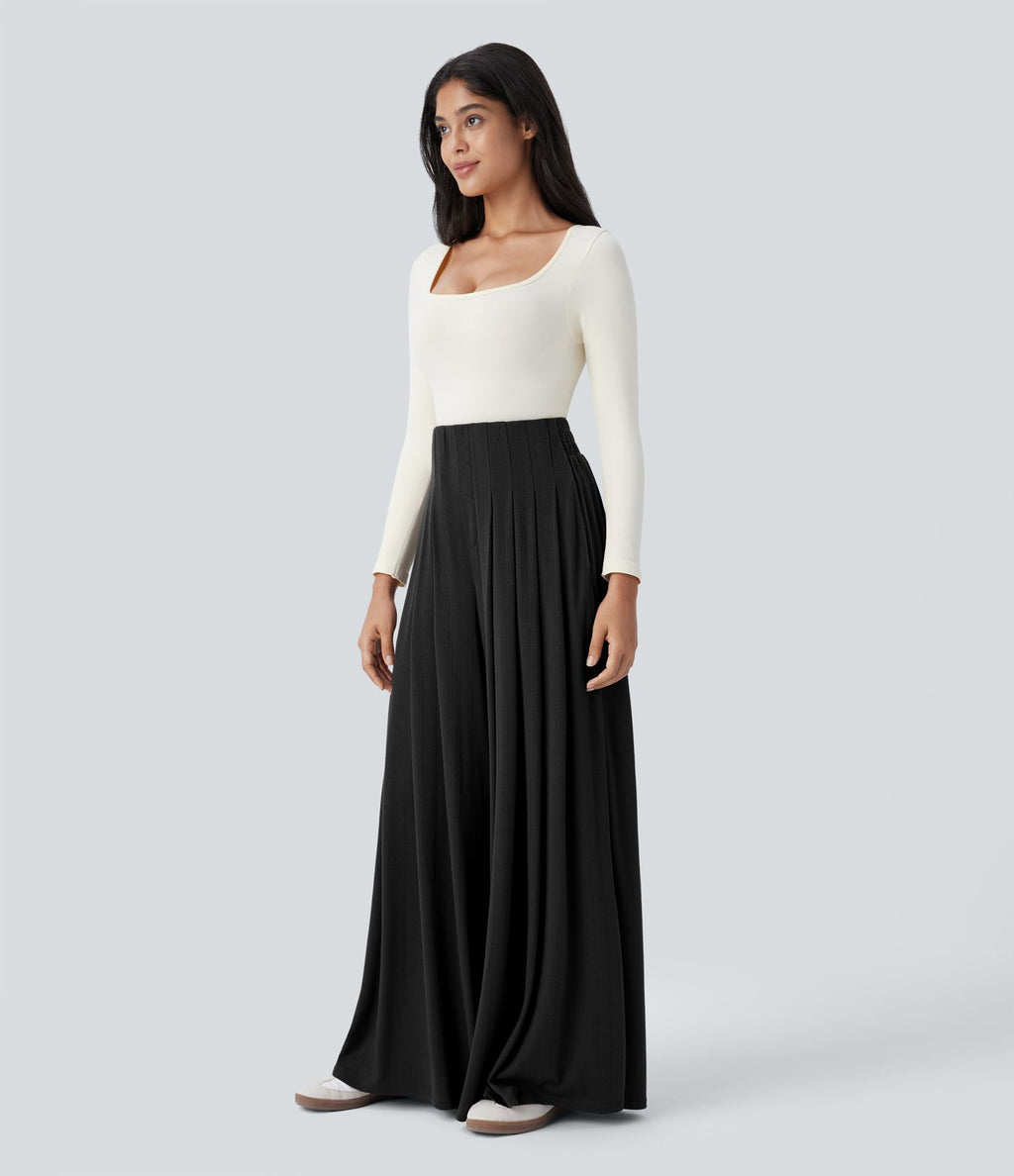Pantalon décontracté ample à taille haute, plissé et à poches latérales