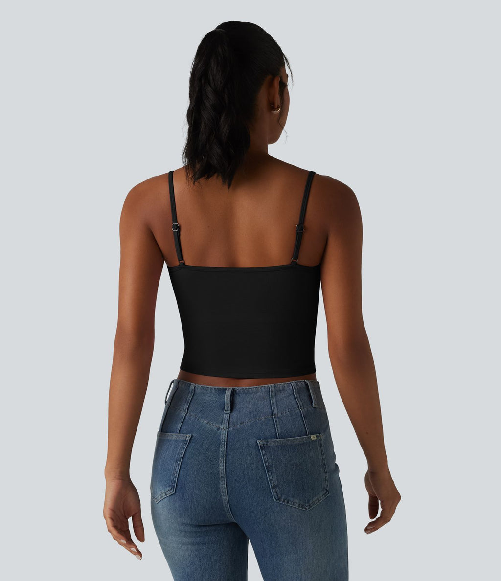 Débardeur casual en maille côtelée col bénitier bretelles réglables avec soutien-gorge intégré