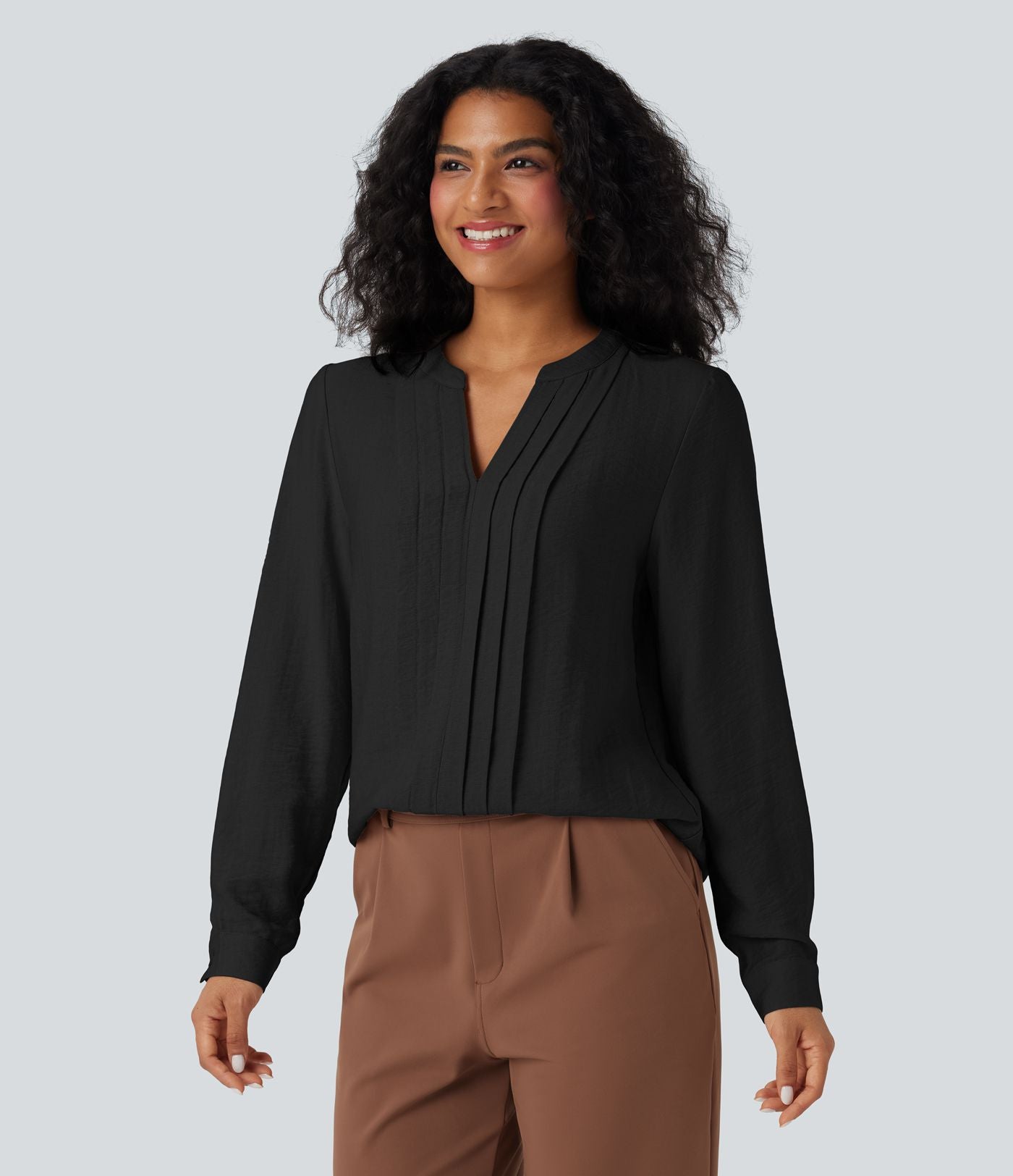 Blouse de travail manches longues col V à plis coupe décontractée