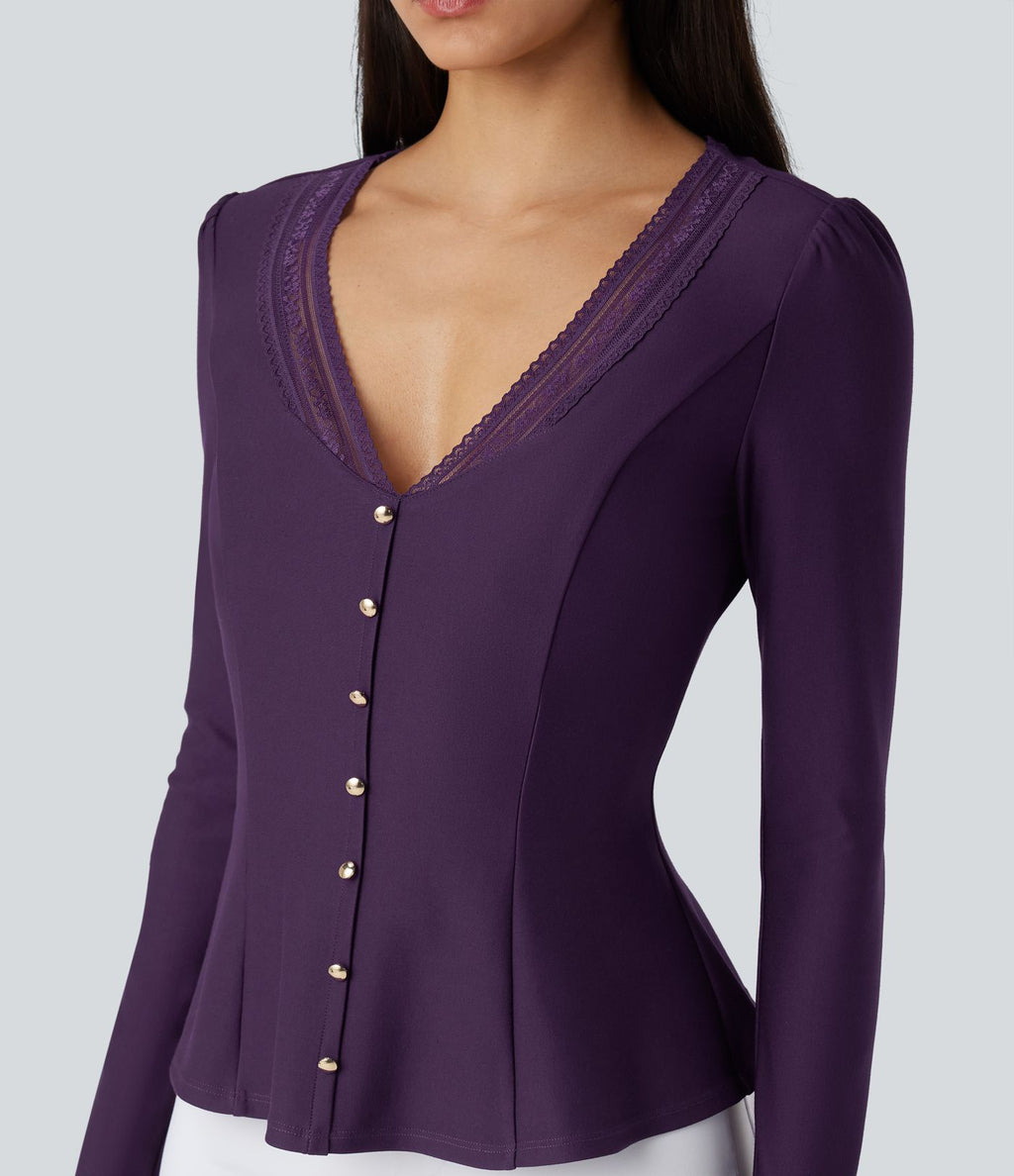 Blouse de travail à col V, dentelle contrastante, manches longues et ourlet à volants