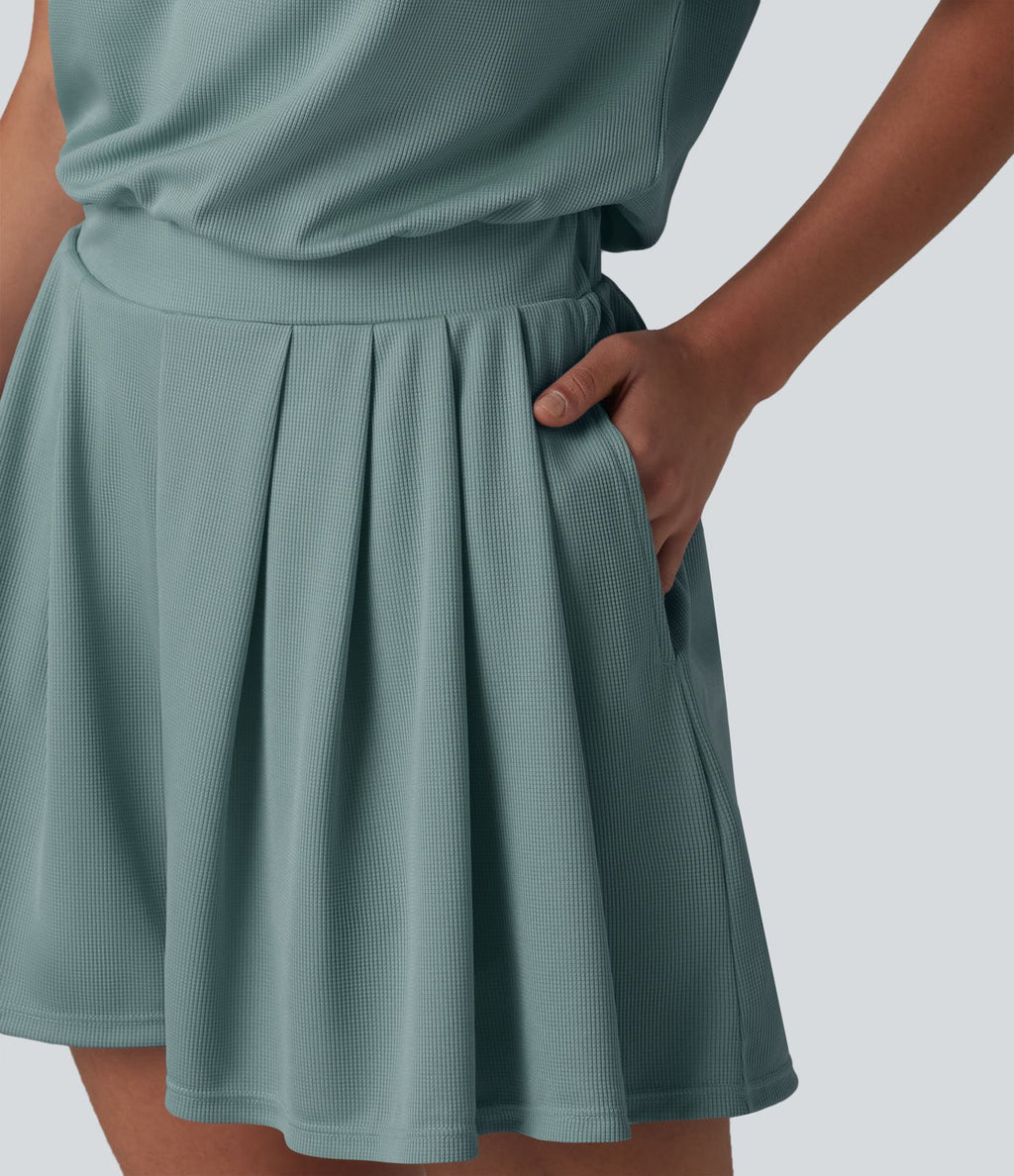 Combishort casual asymétrique manches courtes plissé en nid d'abeille avec poches - Édition Easy Peasy