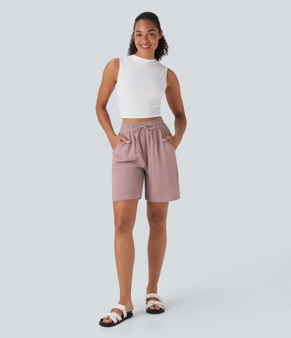 Short décontracté effet lin taille haute avec cordon de serrage et poches latérales