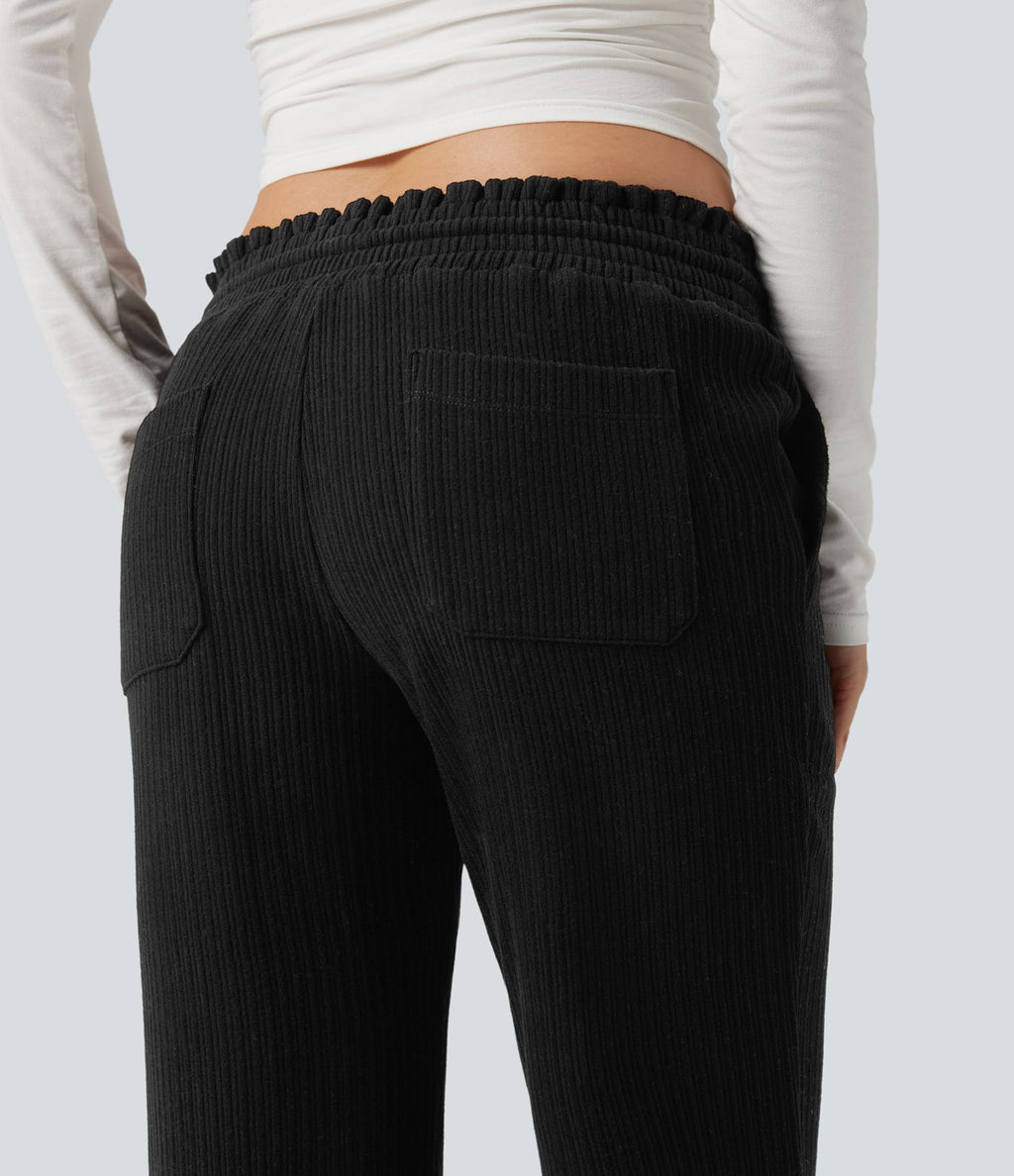 Pantalon décontracté bootcut côtelé, taille basse, cordon et poches