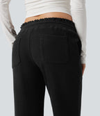 Pantalon décontracté bootcut côtelé, taille basse, cordon et poches