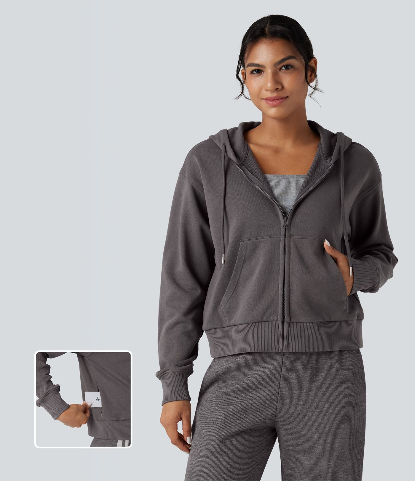 Sweat-shirt coton décontracté à capuche avec fermeture éclair et poches