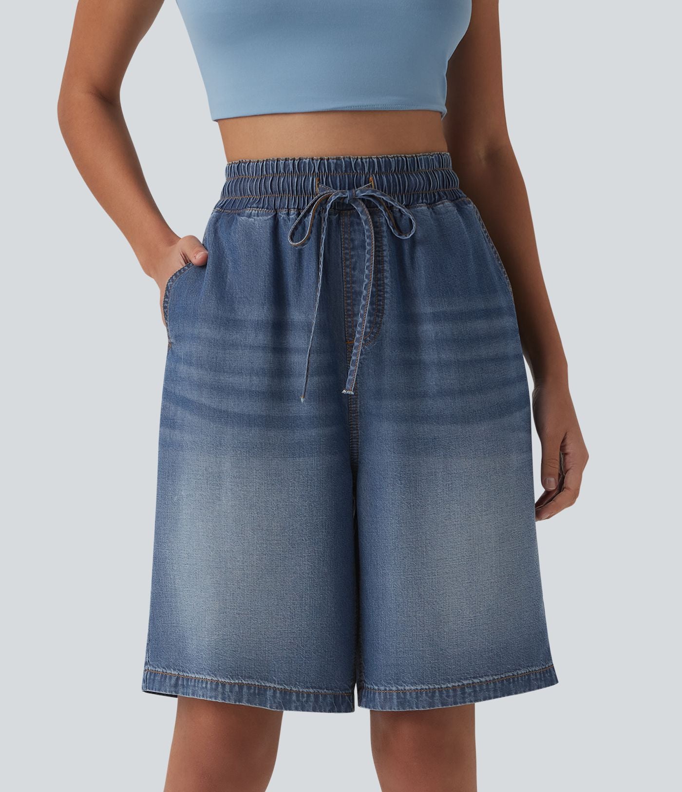 Short denim décontracté taille haute en lyocell 22,8 cm avec cordon de serrage et poches