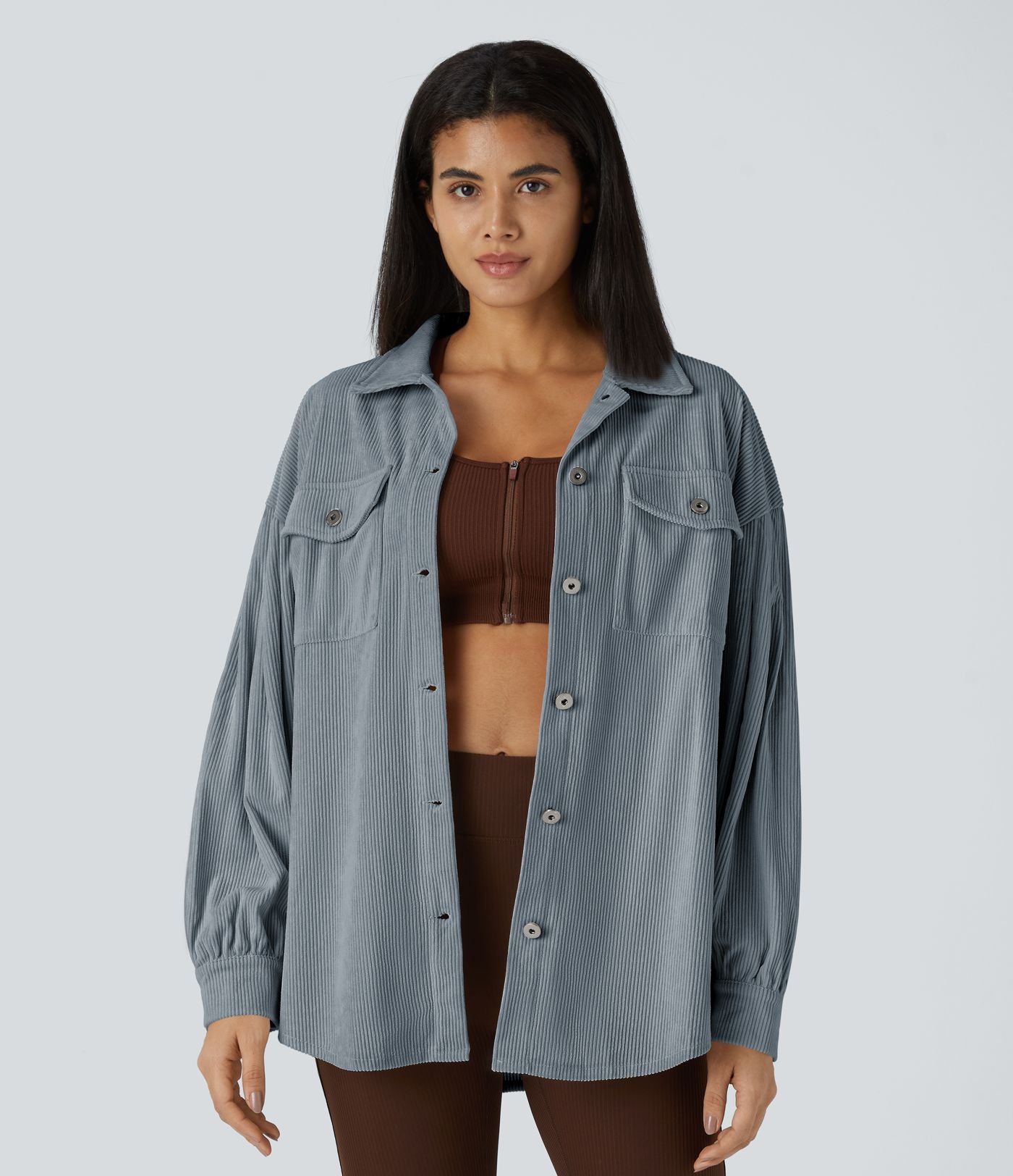 Veste Casual en Velours Côtelé à Col Boutonné Poches et Manches Longues Ourlet Courbé