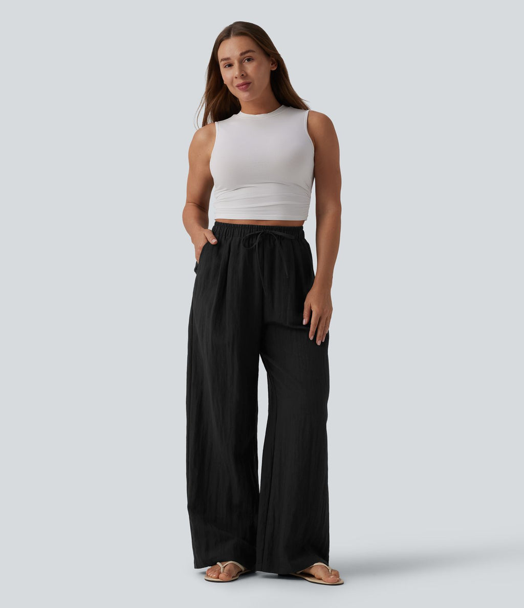 Pantalon casual ample lin taille haute à cordon de serrage avec poches